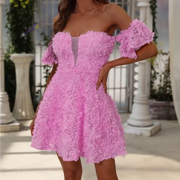 Elegant Off Shoulder Short Sleeve 3D Flower Dresses, Pink / S